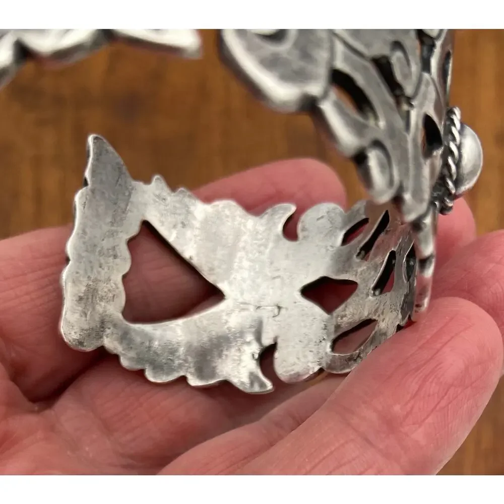 Vintage Mexico Silver Cuff Bracelet Wide Flower Cutout 50.91g Tested Silver 6.5
